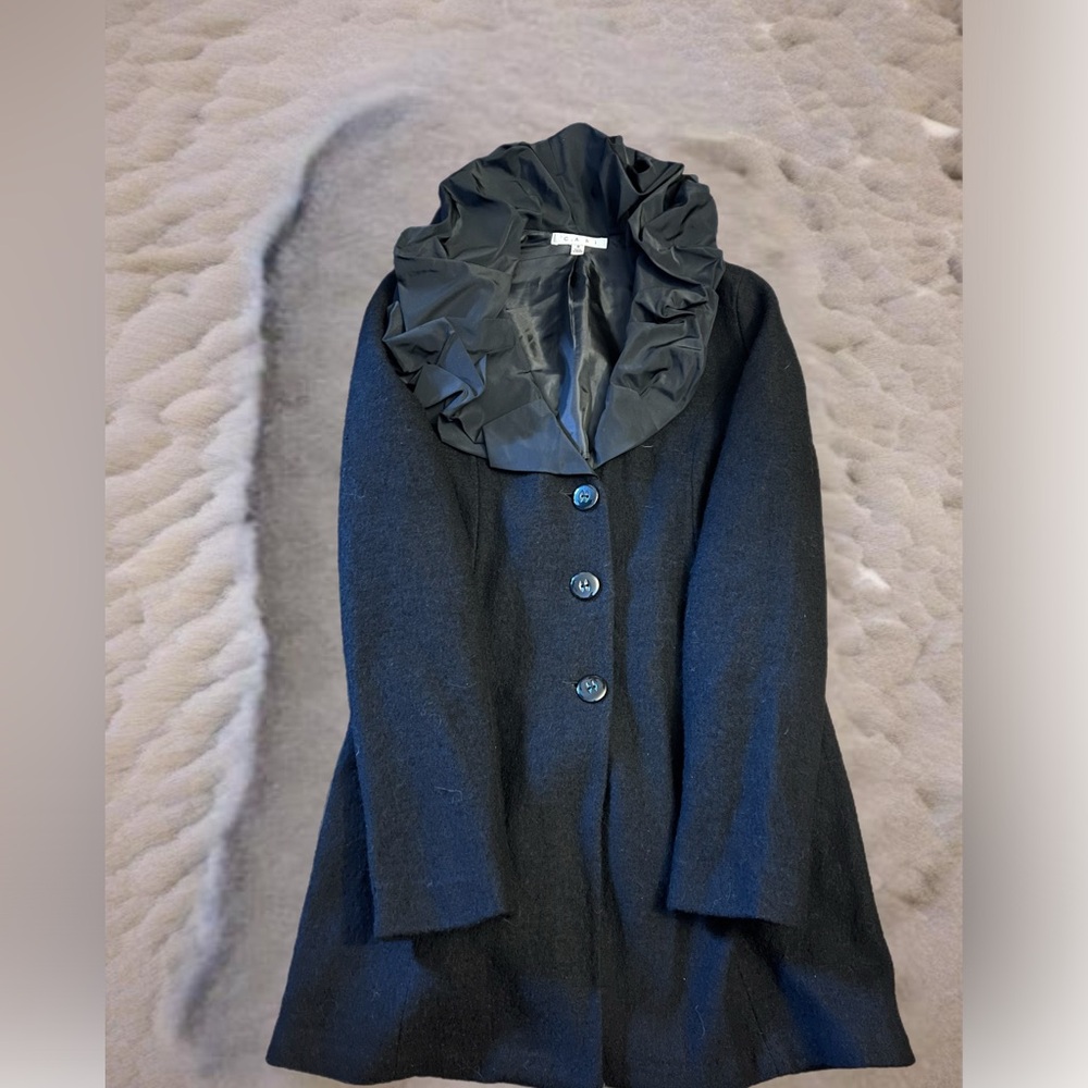 Cabi Size S Womens Black 100% Wool Wide Ruffle Collar Button Up Coat